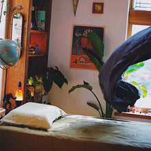 Load image into Gallery viewer, Organic French linen bedding in light green and dark black purple